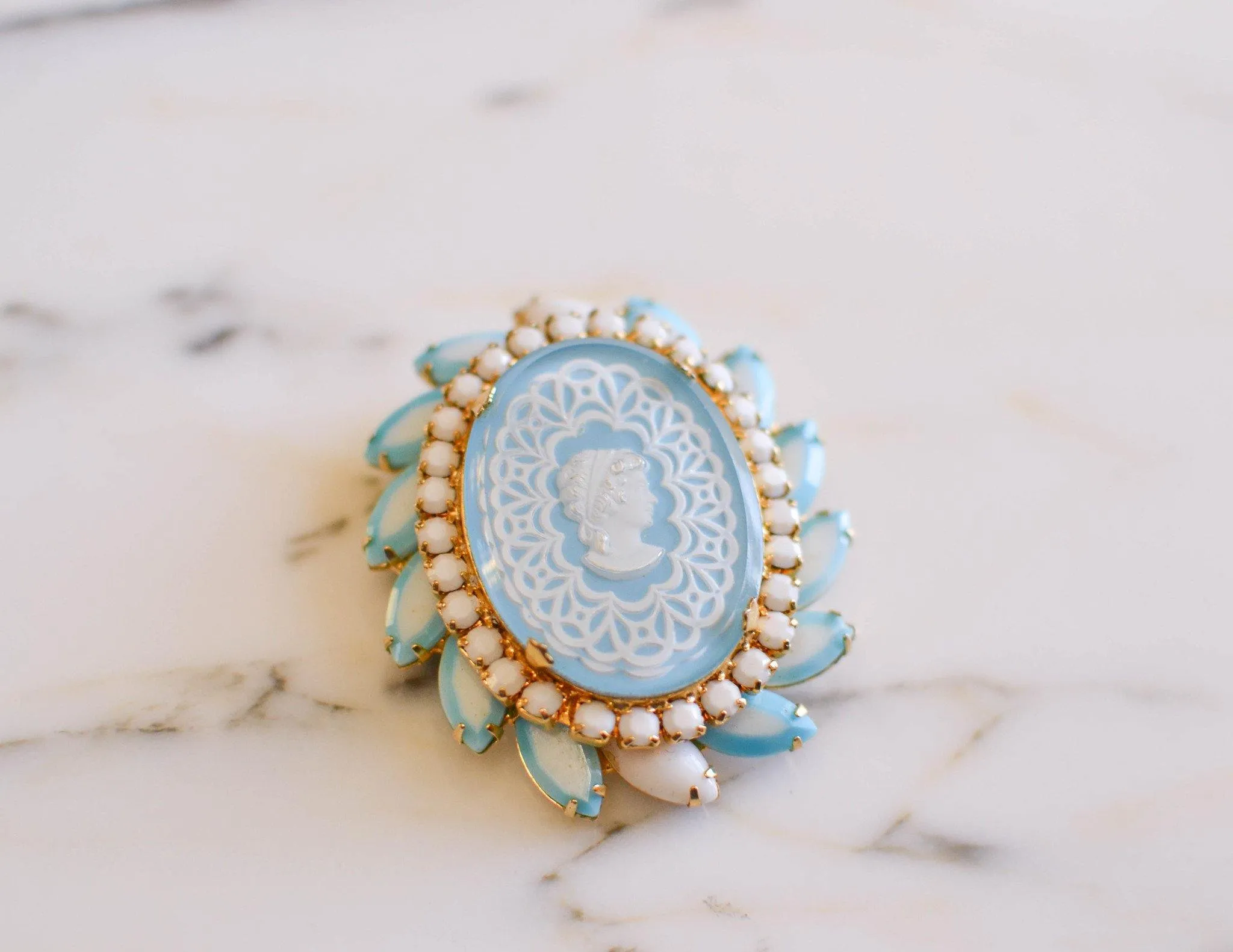 Cinderella Blue Cameo Rhinestone Brooch by Juliana