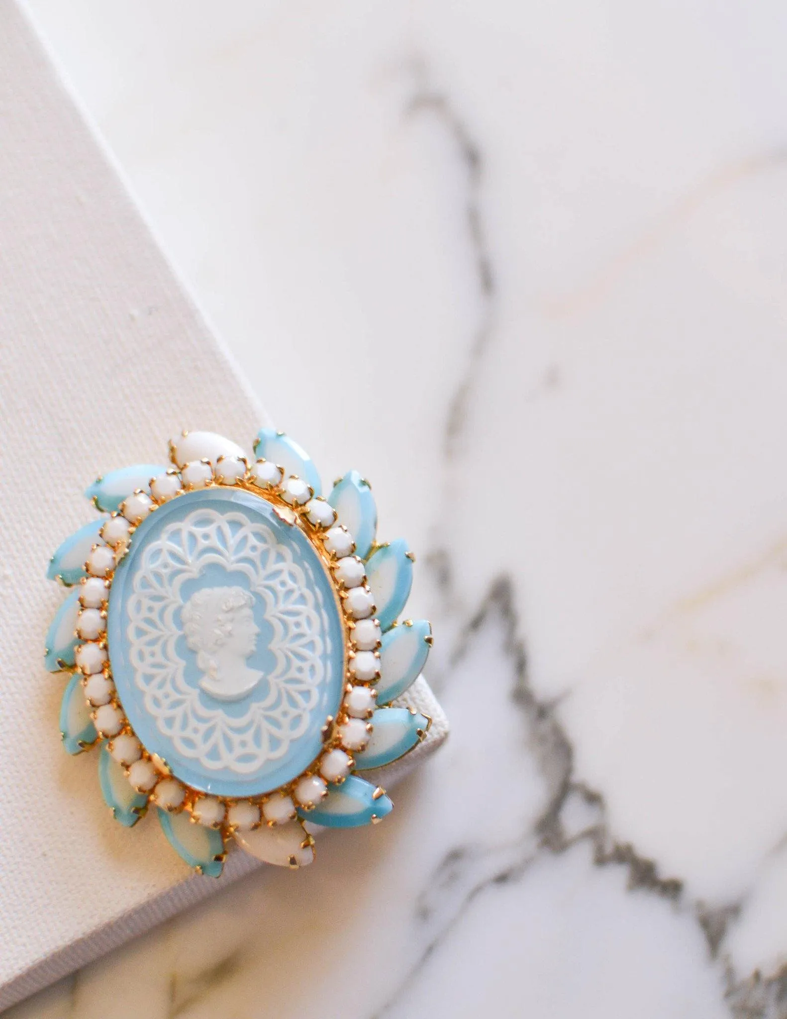 Cinderella Blue Cameo Rhinestone Brooch by Juliana