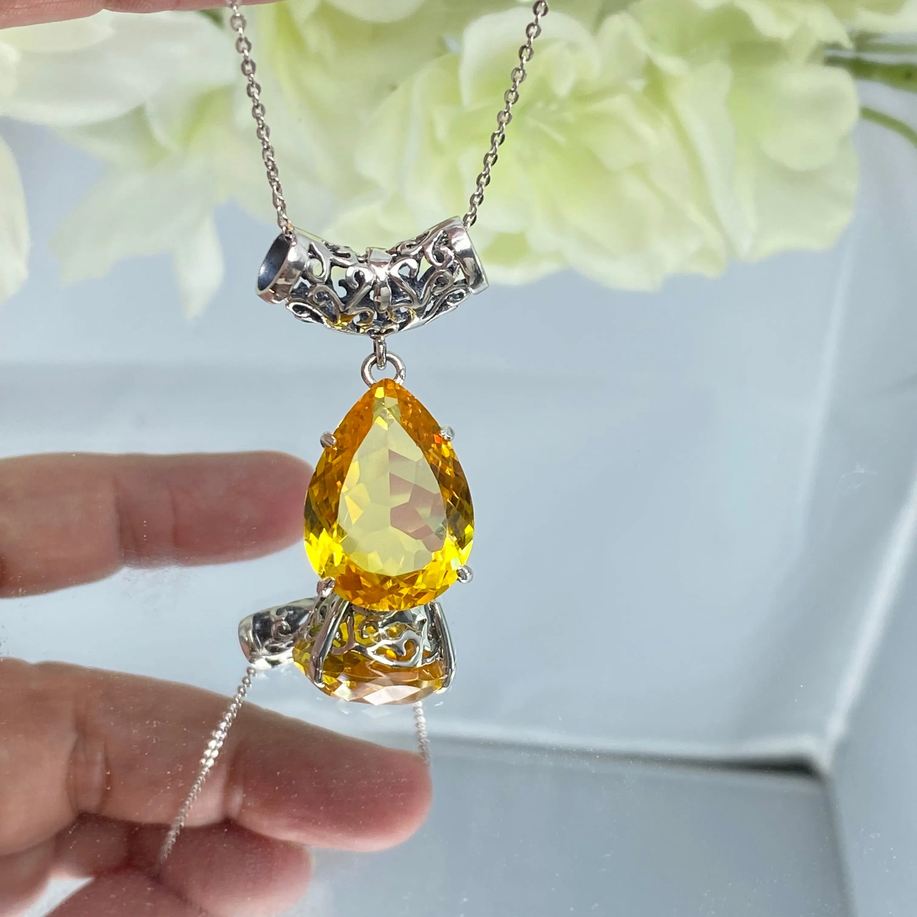 Citrine Necklace, Teardrop Pendant, Vintage-style Jewelry P11