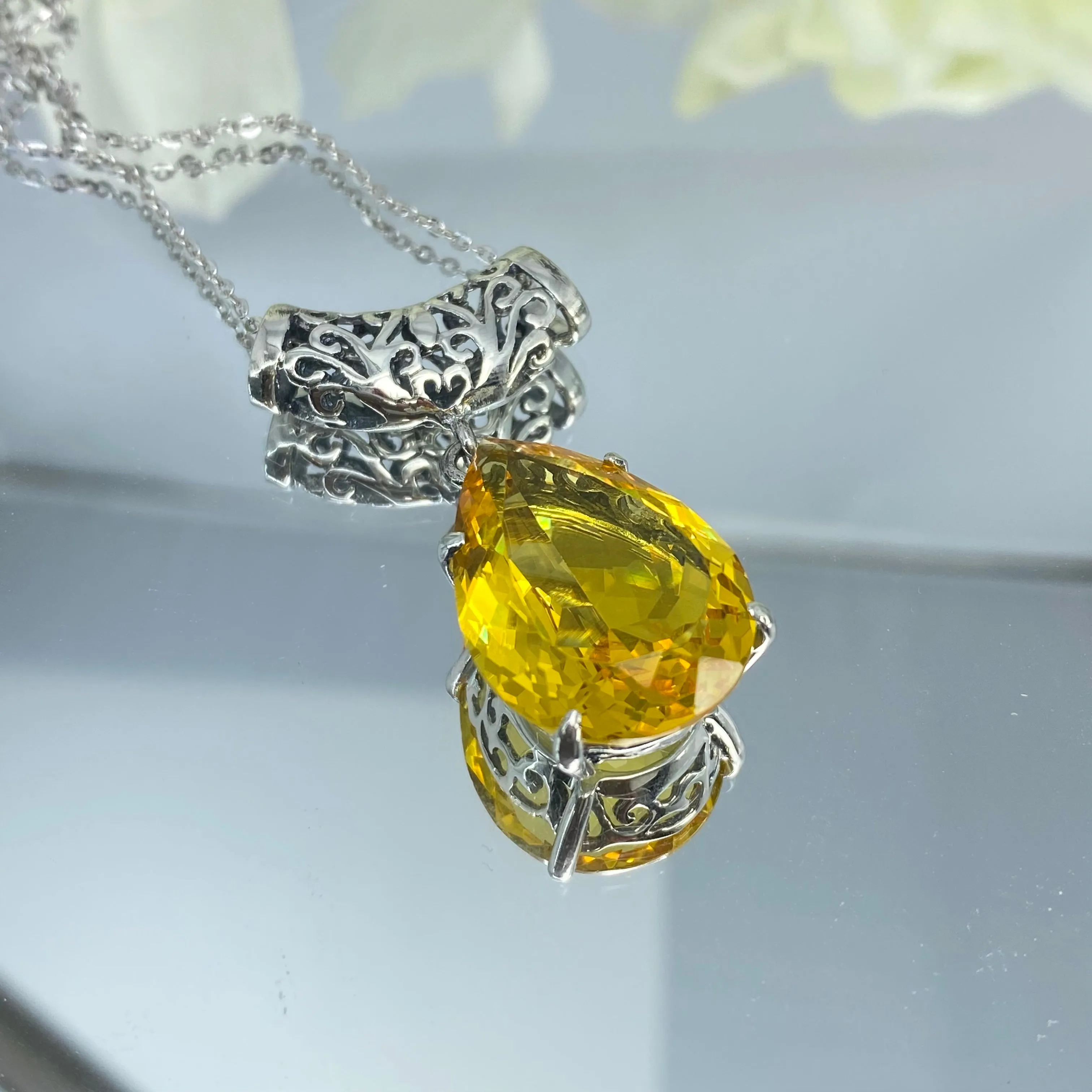Citrine Necklace, Teardrop Pendant, Vintage-style Jewelry P11