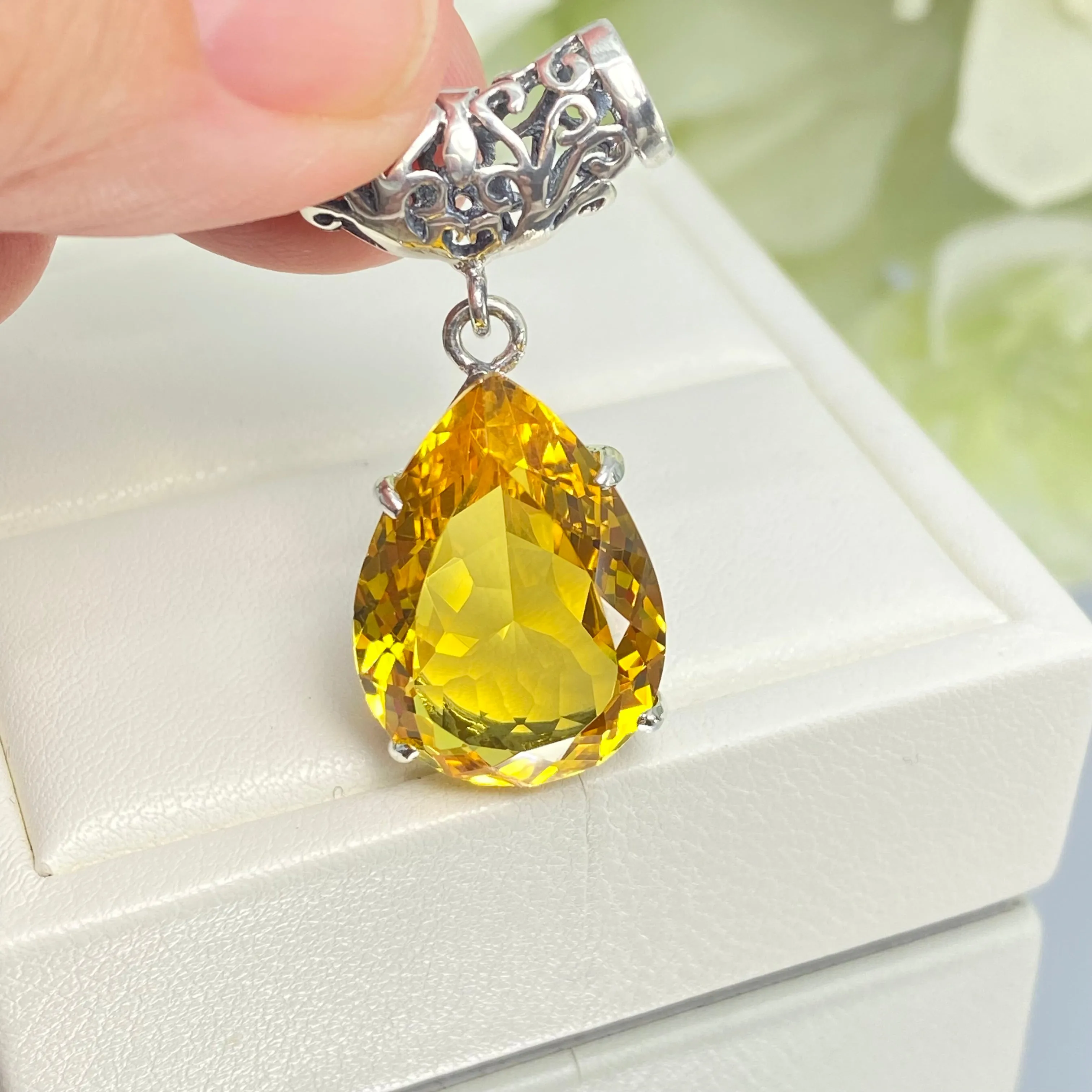 Citrine Necklace, Teardrop Pendant, Vintage-style Jewelry P11
