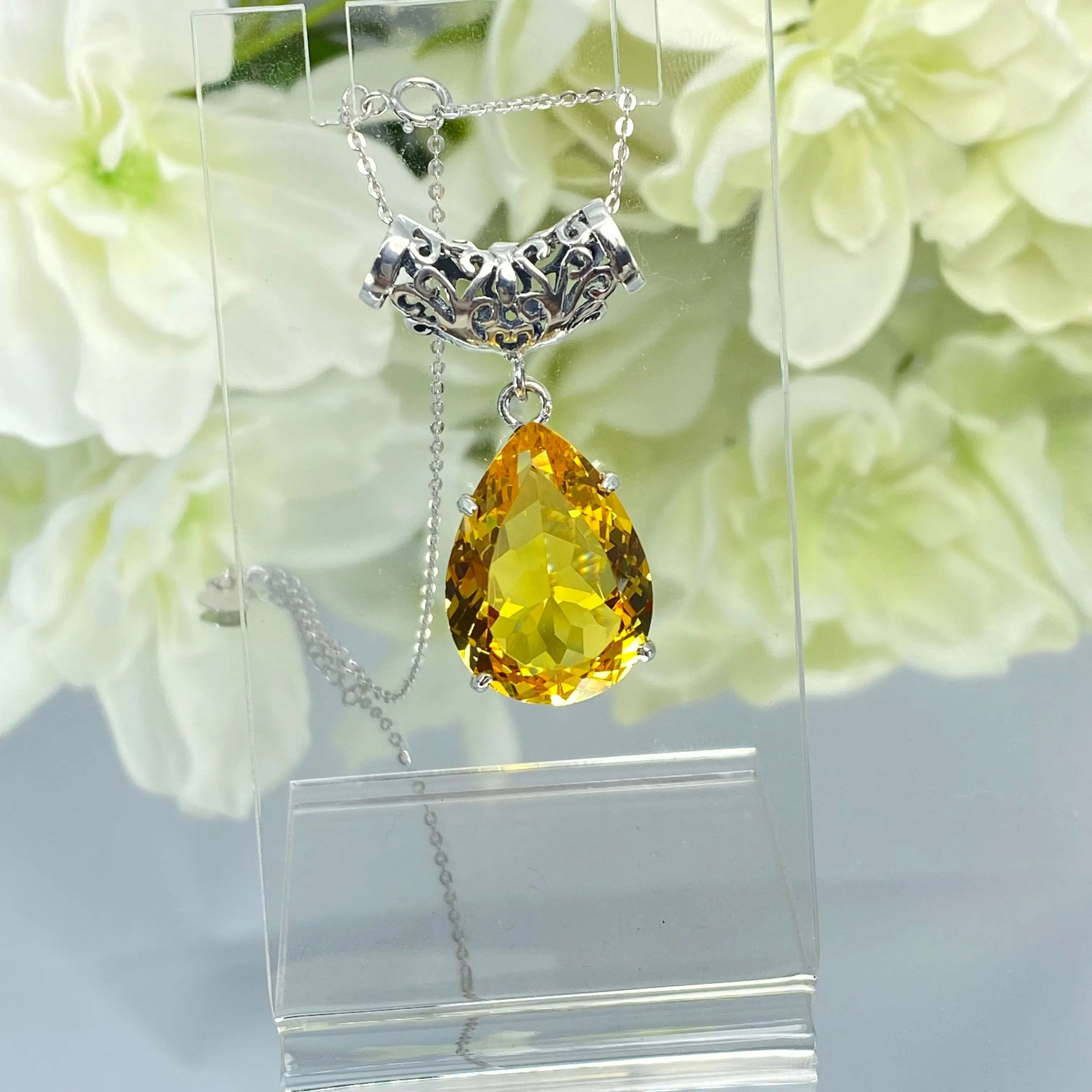 Citrine Necklace, Teardrop Pendant, Vintage-style Jewelry P11