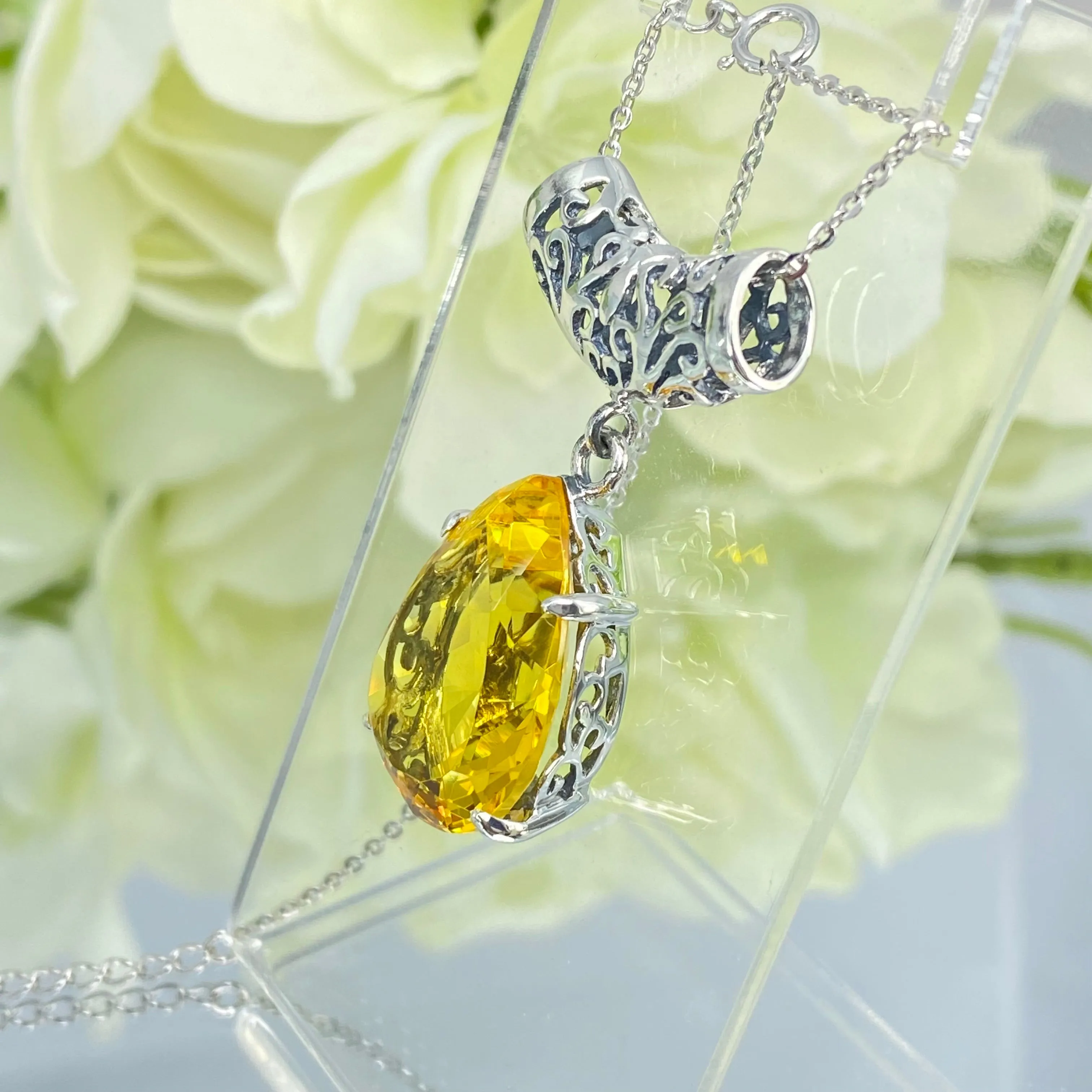 Citrine Necklace, Teardrop Pendant, Vintage-style Jewelry P11