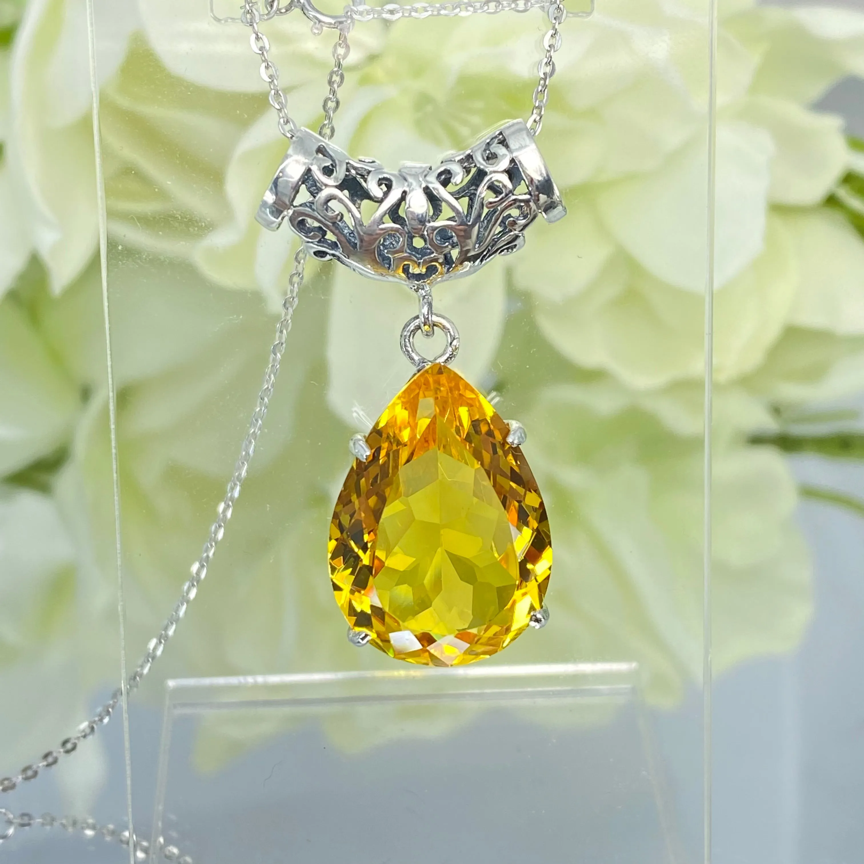 Citrine Necklace, Teardrop Pendant, Vintage-style Jewelry P11