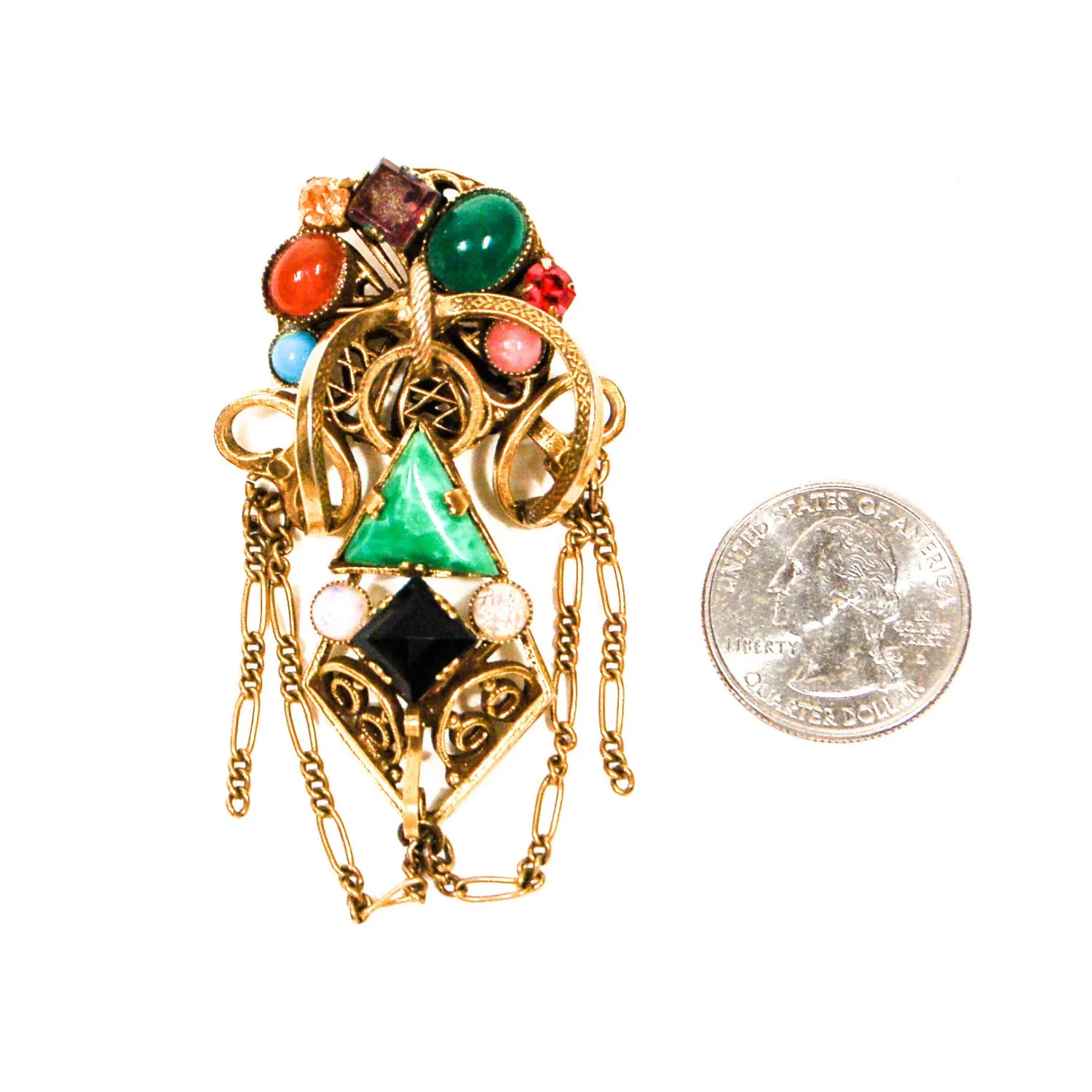 Colorful Art Glass, Czech Brooch, Victorian Revival, Antique Gold Tone, Carnelian, Jade, Cameos, Opal, Turquoise, Rhinestones