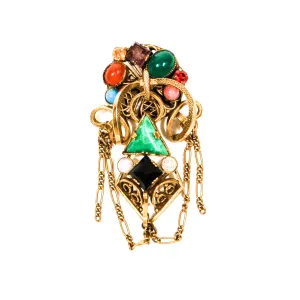 Colorful Art Glass, Czech Brooch, Victorian Revival, Antique Gold Tone, Carnelian, Jade, Cameos, Opal, Turquoise, Rhinestones