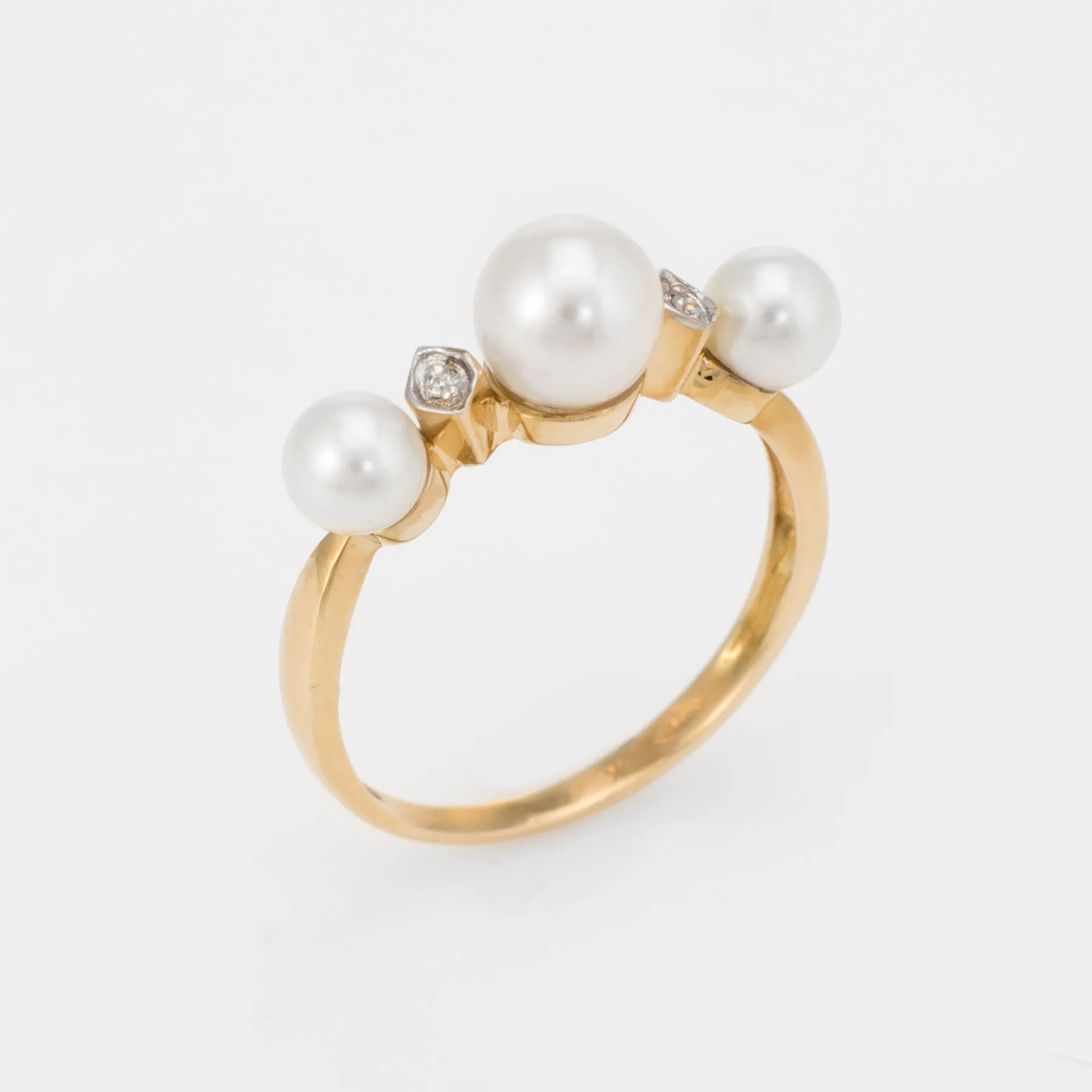 Cultured Pearl Diamond Band Ring Vintage 14k Yellow Gold Estate Fine Jewelry