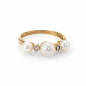 Cultured Pearl Diamond Band Ring Vintage 14k Yellow Gold Estate Fine Jewelry