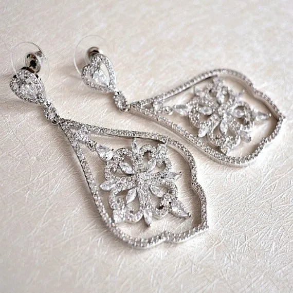 CZ Art Deco Chandelier Earrings, Cubic Zirconia Crystal Earrings, Dangle Drop Bridal Earrings, Wedding Jewelry, Vintage Wedding Earrings