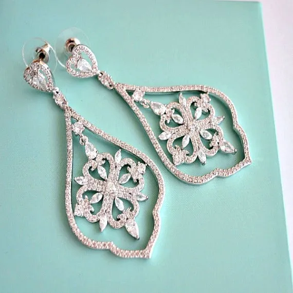 CZ Art Deco Chandelier Earrings, Cubic Zirconia Crystal Earrings, Dangle Drop Bridal Earrings, Wedding Jewelry, Vintage Wedding Earrings
