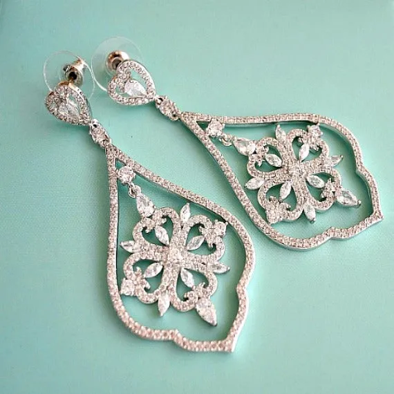 CZ Art Deco Chandelier Earrings, Cubic Zirconia Crystal Earrings, Dangle Drop Bridal Earrings, Wedding Jewelry, Vintage Wedding Earrings
