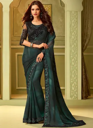 Dark Green And Black Shaded Minimalist Embroidered Saree
