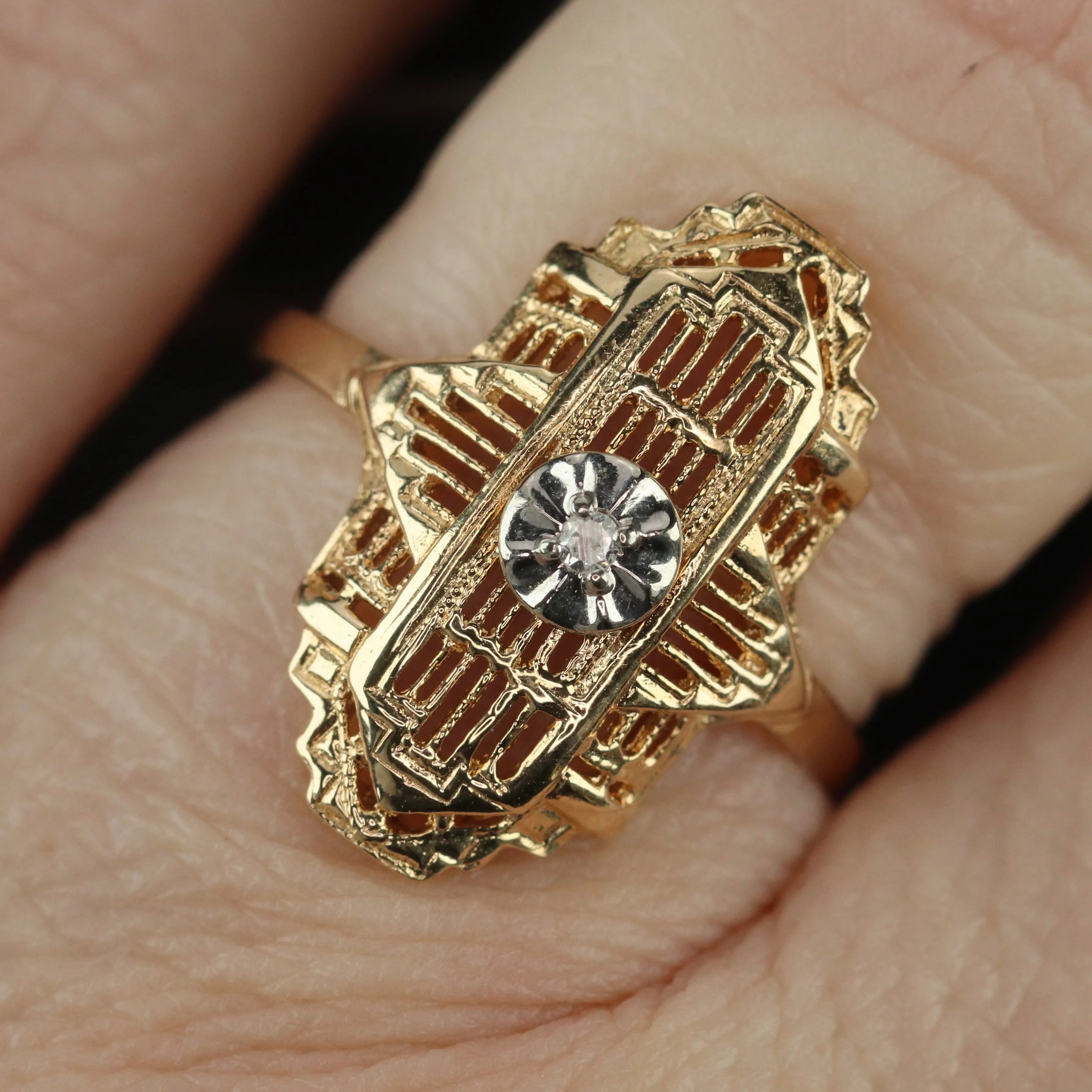 Detailed diamond filigree plaque ring in 10k yellow gold