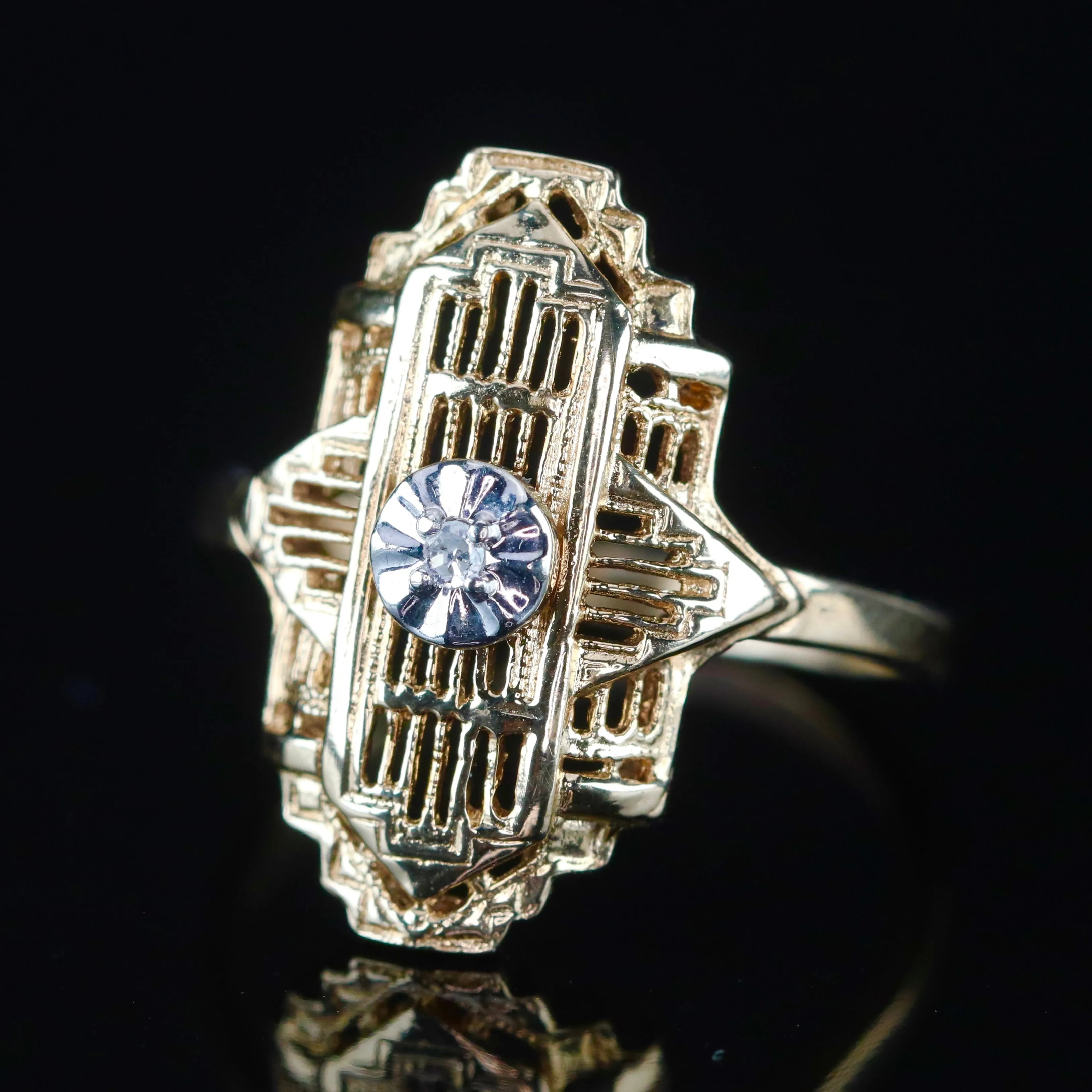 Detailed diamond filigree plaque ring in 10k yellow gold