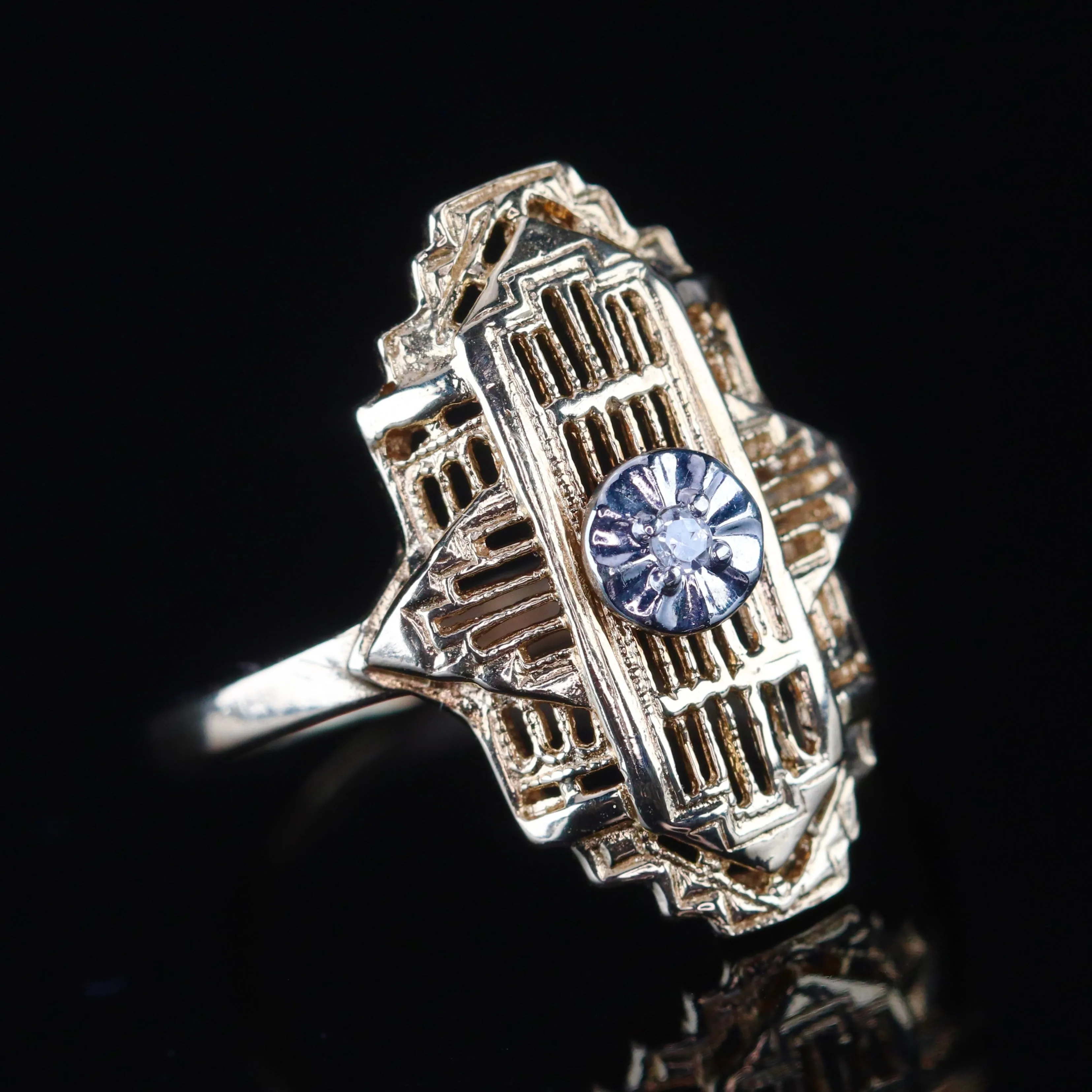 Detailed diamond filigree plaque ring in 10k yellow gold