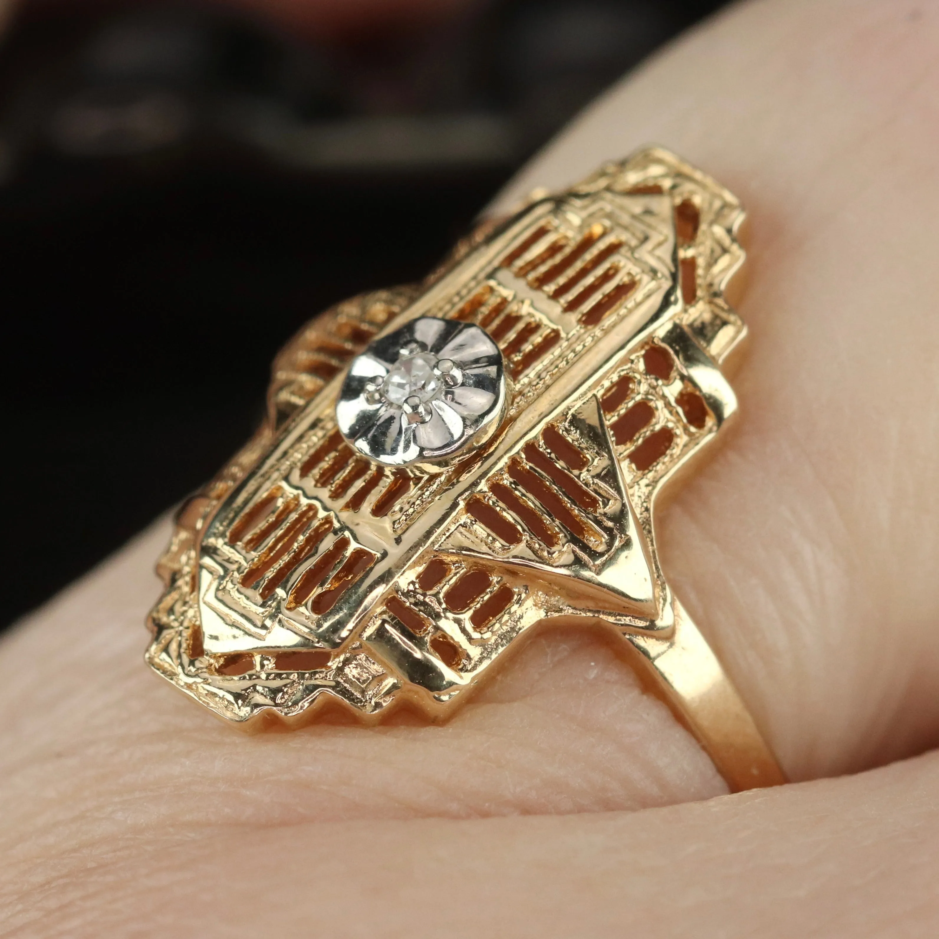 Detailed diamond filigree plaque ring in 10k yellow gold