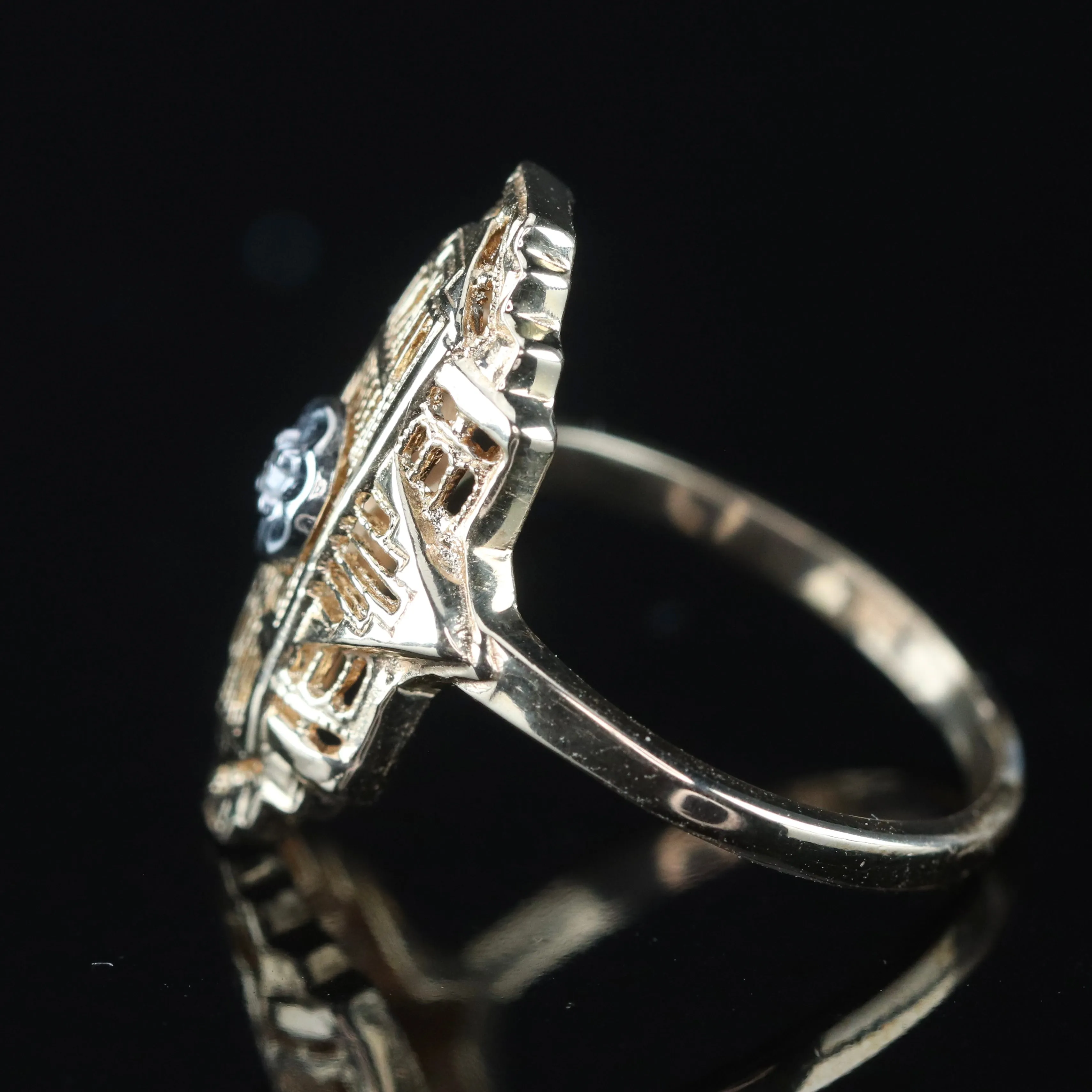 Detailed diamond filigree plaque ring in 10k yellow gold