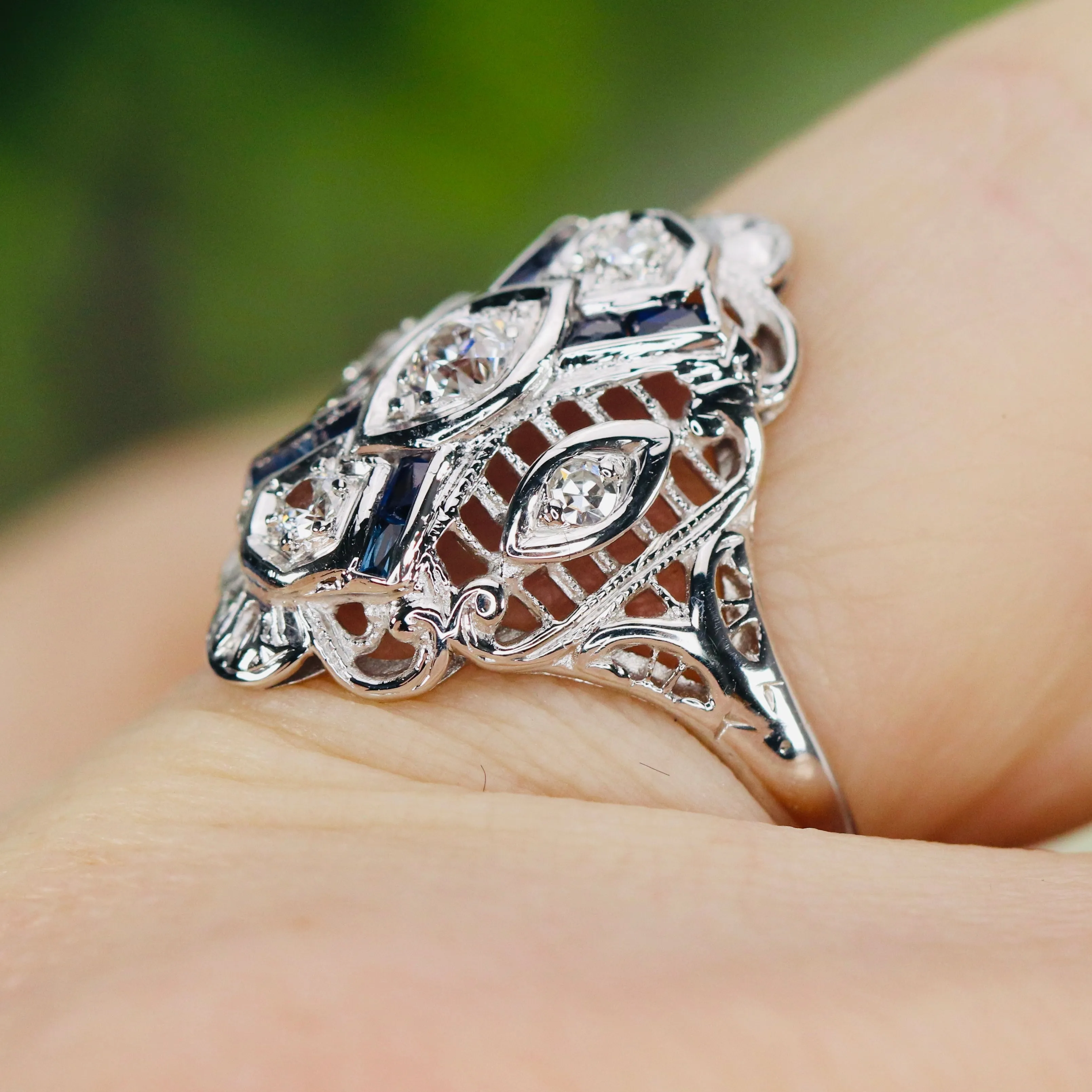 Detailed Vintage OMC diamond and sapphire plaque ring in 14k white gold