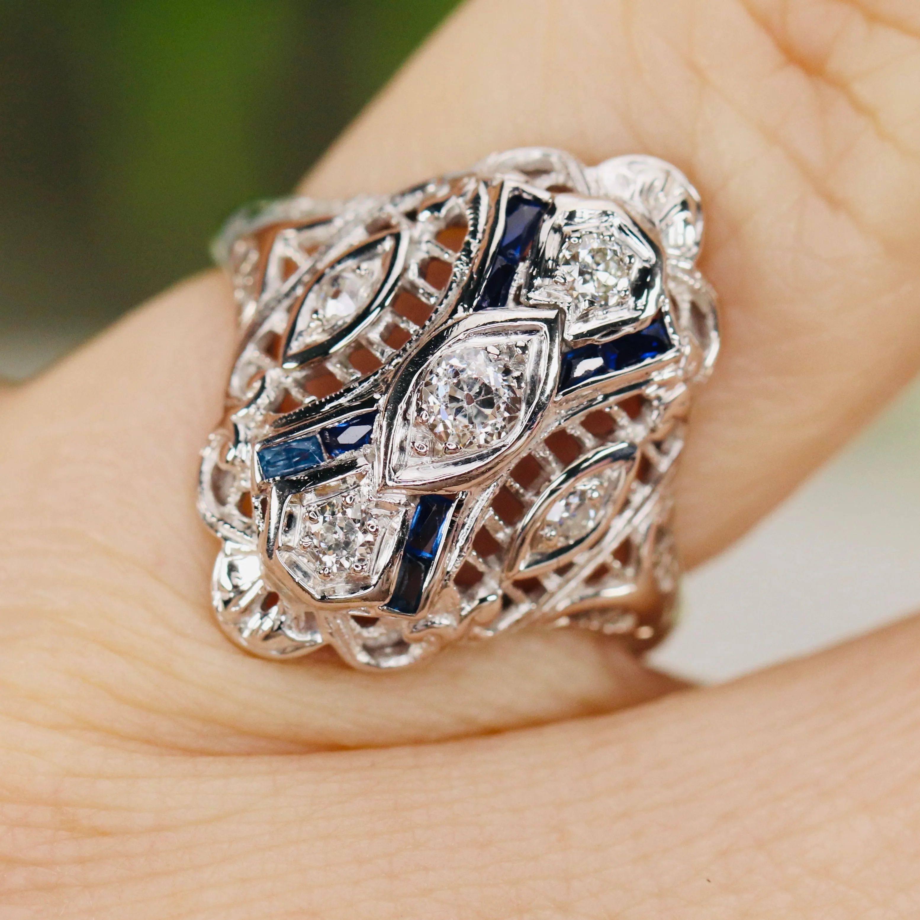 Detailed Vintage OMC diamond and sapphire plaque ring in 14k white gold