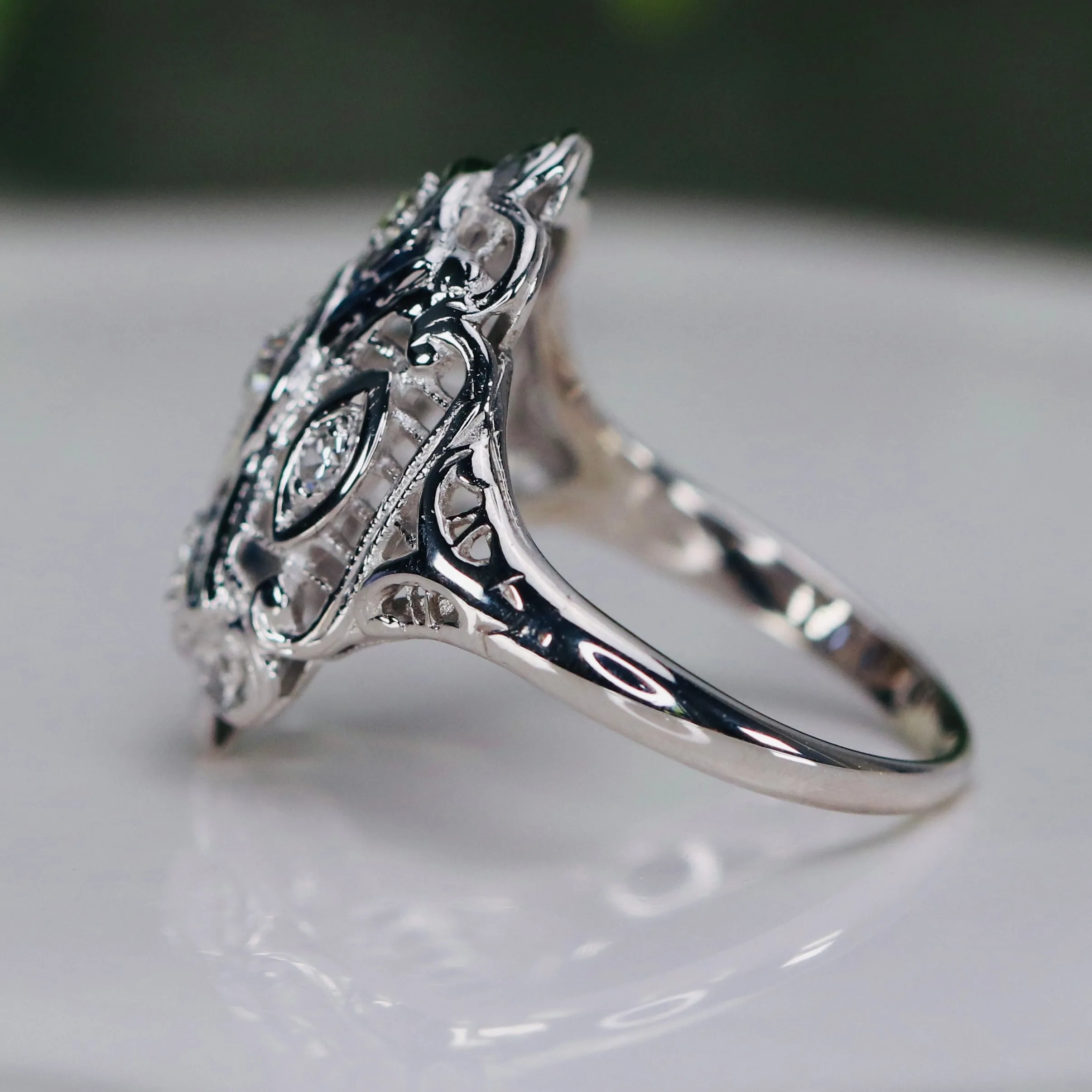 Detailed Vintage OMC diamond and sapphire plaque ring in 14k white gold