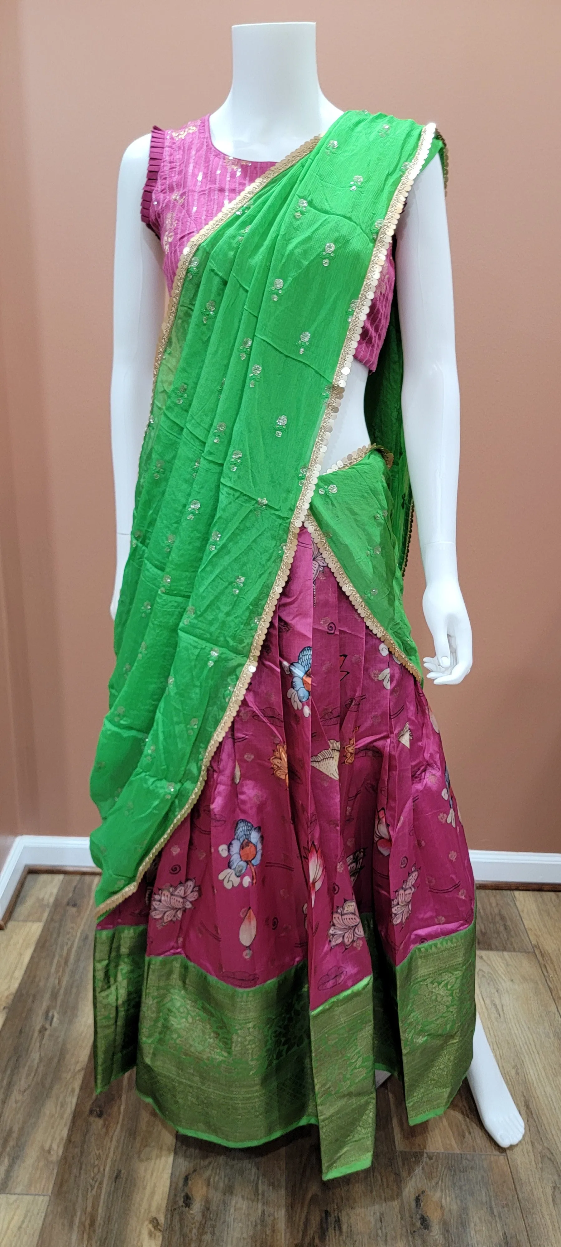 Digital Printed Banaras Half Saree set in Green and Pink