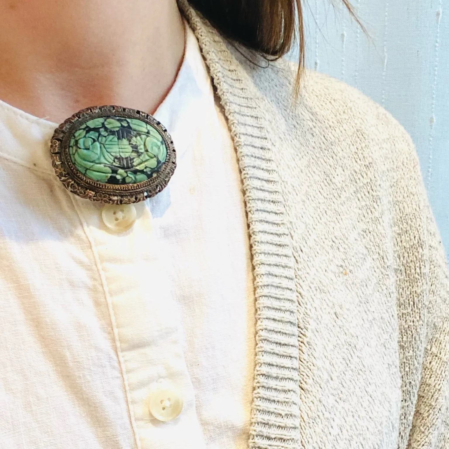 Dramatic Green Chinese Turquoise Brooch