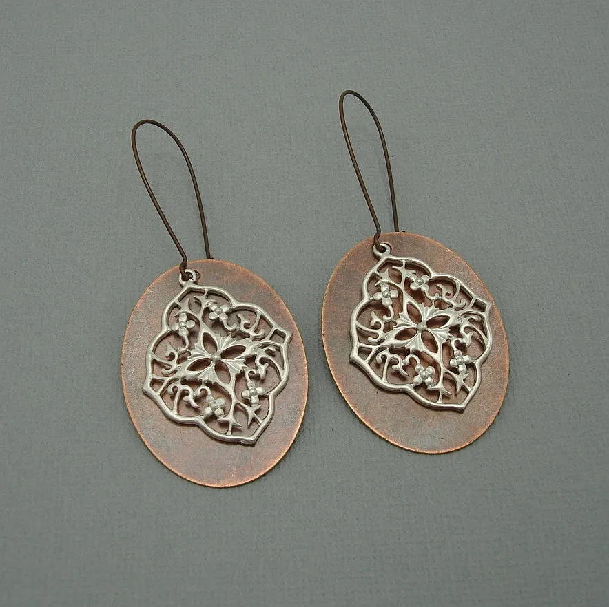 Earrings Silver Filigree on Ox Copper Oval Dangle Earrings.