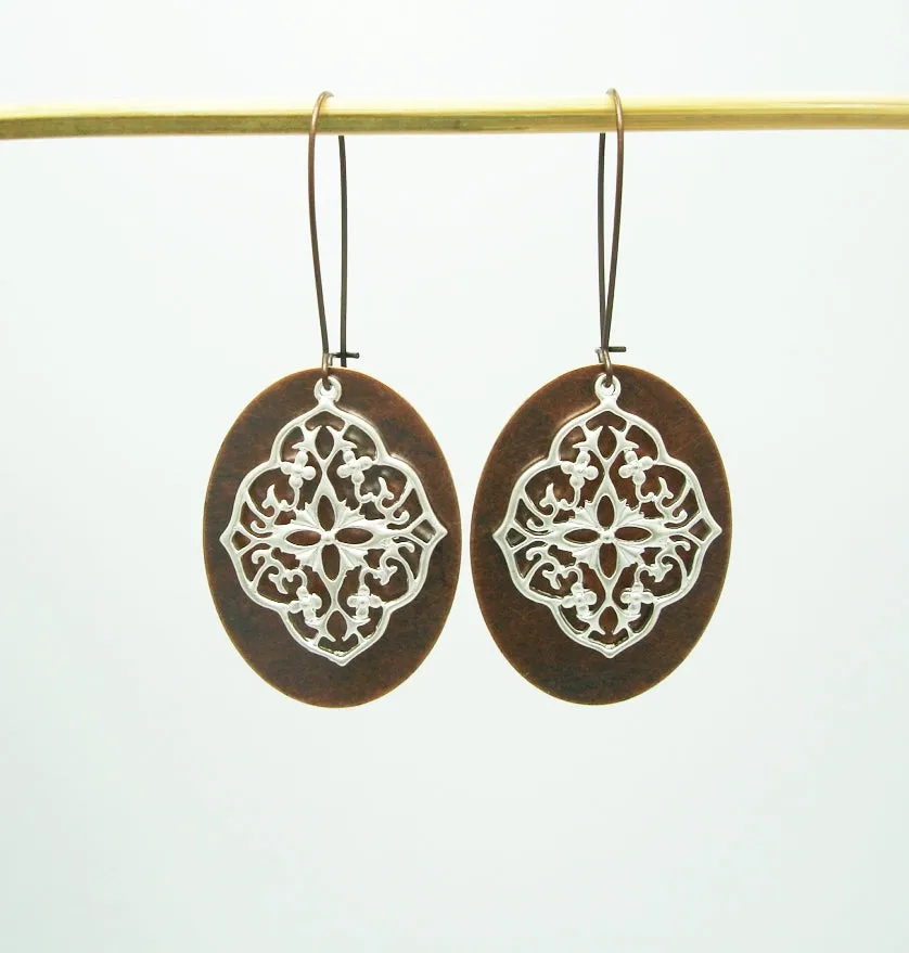 Earrings Silver Filigree on Ox Copper Oval Dangle Earrings.