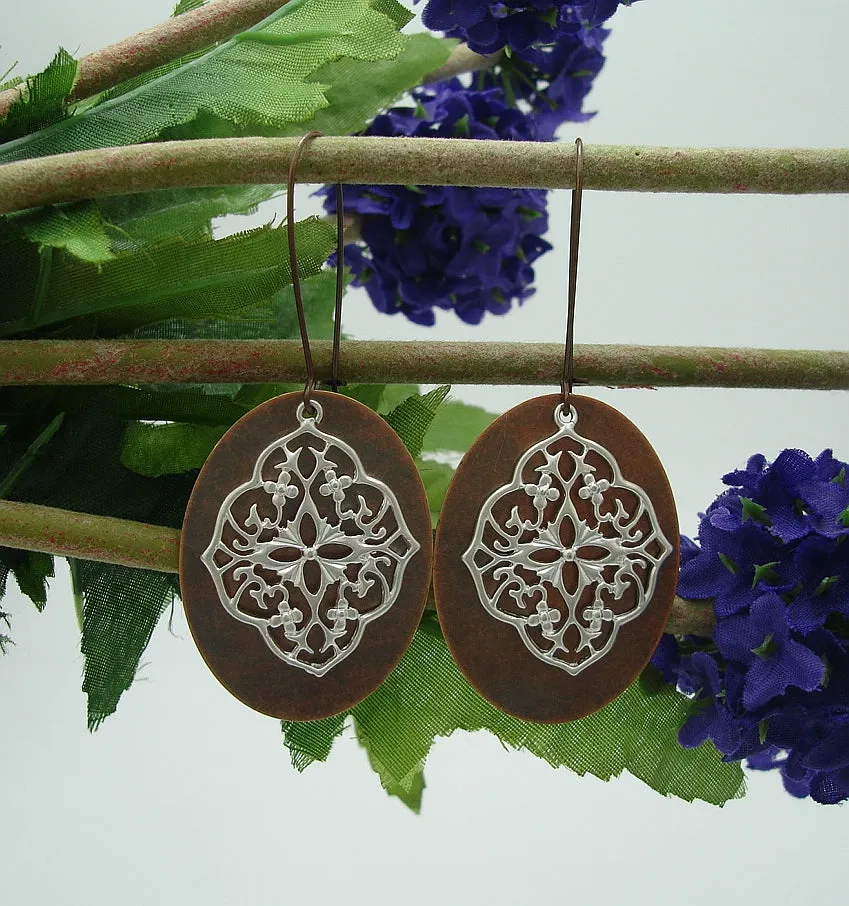 Earrings Silver Filigree on Ox Copper Oval Dangle Earrings.