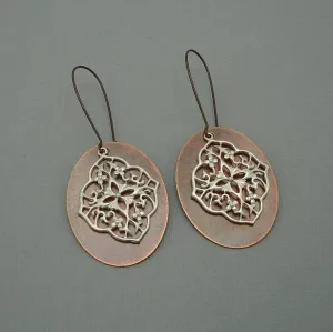Earrings Silver Filigree on Ox Copper Oval Dangle Earrings.