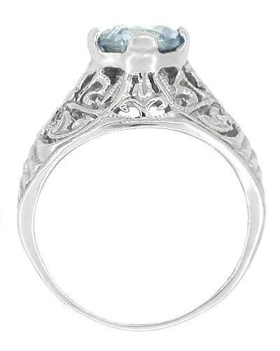 Edwardian Aquamarine Filigree Ring in 14 Karat White Gold