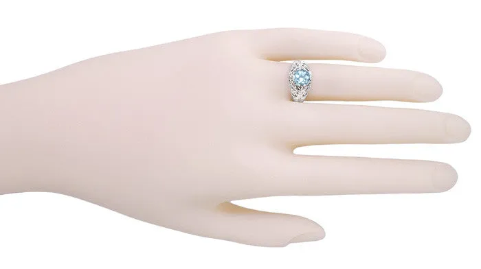 Edwardian Aquamarine Filigree Ring in 14 Karat White Gold