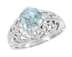 Edwardian Aquamarine Filigree Ring in 14 Karat White Gold