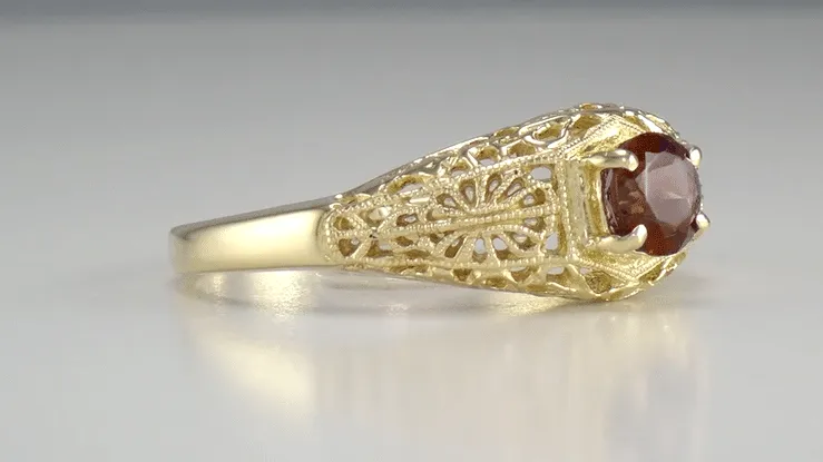 Edwardian Filigree Flowers Domed Almandite Garnet Engagement Ring in 14 Karat Yellow Gold