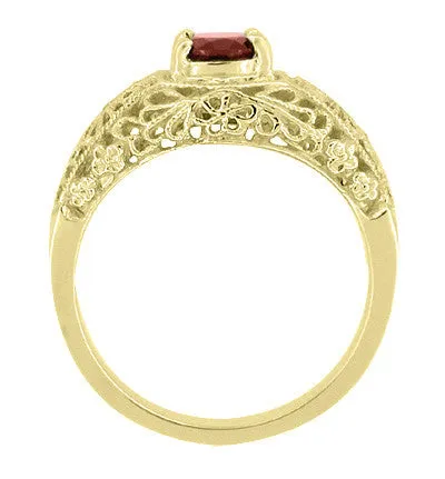 Edwardian Filigree Flowers Domed Almandite Garnet Engagement Ring in 14 Karat Yellow Gold