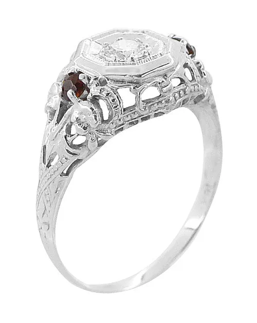 Edwardian Filigree Garnet and Diamond Vintage Engagement Ring in 18 Karat White Gold