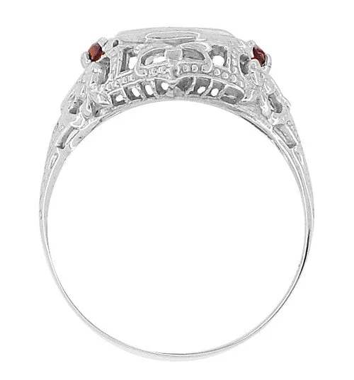 Edwardian Filigree Garnet and Diamond Vintage Engagement Ring in 18 Karat White Gold