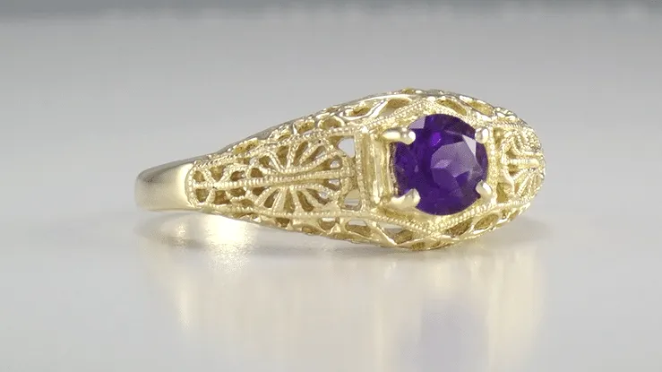 Edwardian Yellow Gold Floral Filigree Dome Amethyst Engagement Ring