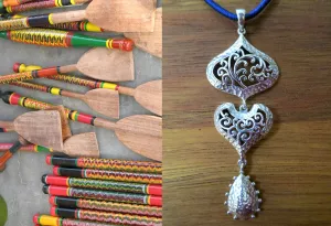 Elegant, 3-tier, long Kutch-inspired hammer finish pendant with jali work