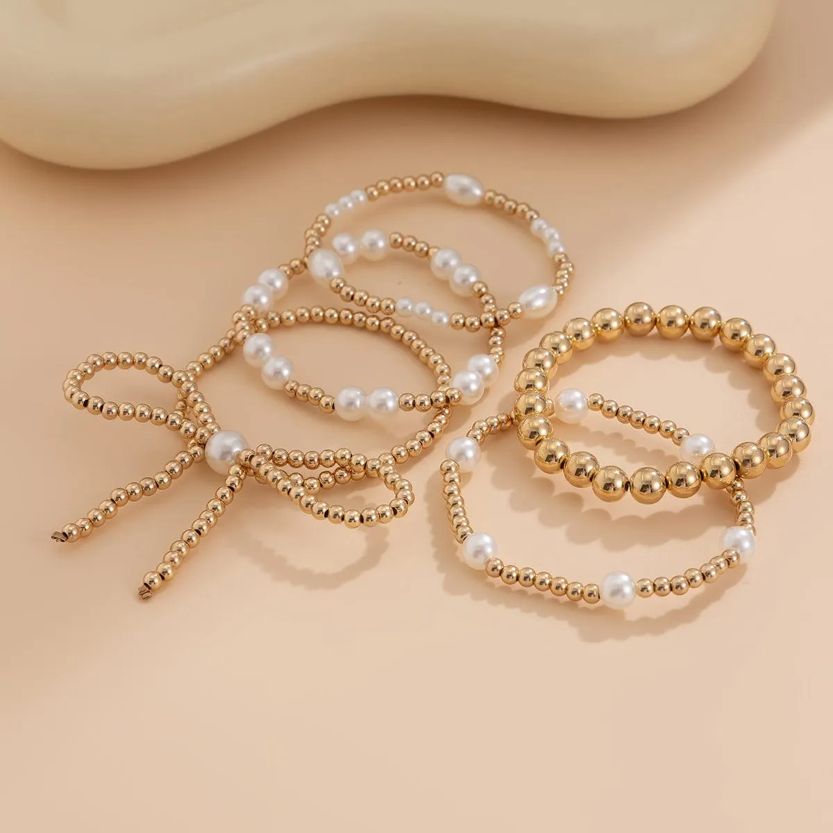 Elegant 5pcs Gold Plated Bowknot Pearl Chain Bracelet Set