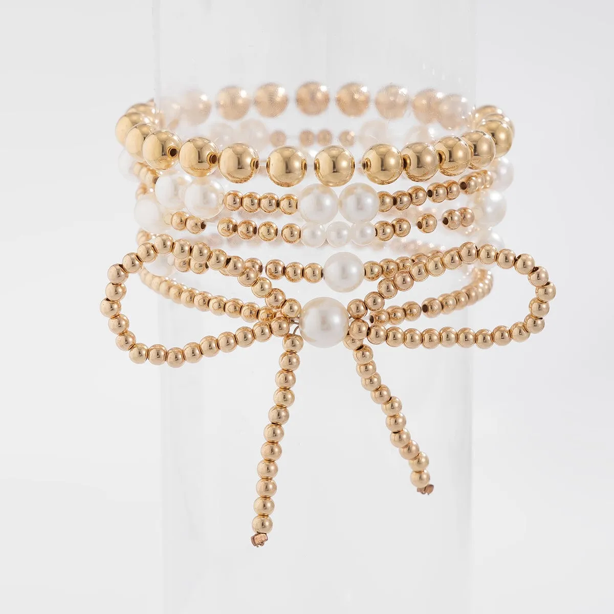 Elegant 5pcs Gold Plated Bowknot Pearl Chain Bracelet Set