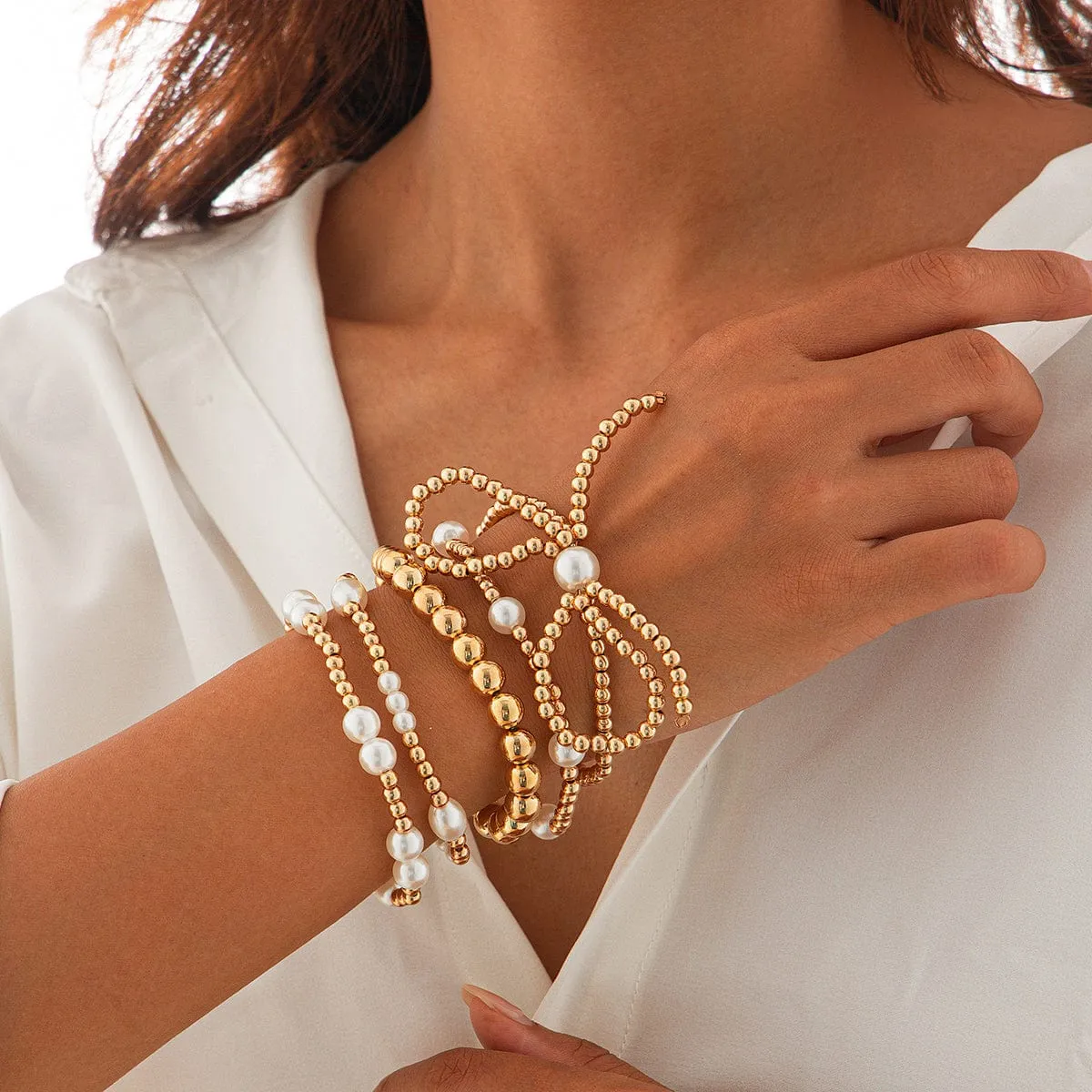 Elegant 5pcs Gold Plated Bowknot Pearl Chain Bracelet Set
