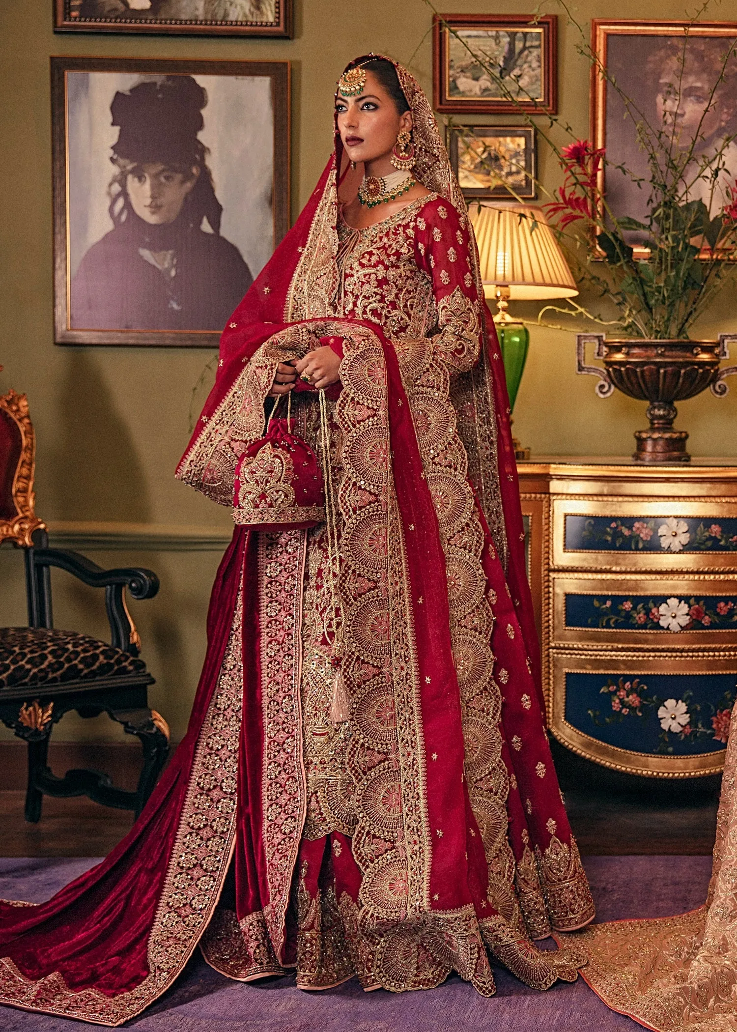 Elegant Deep Red Heavily embellished Pakistani Bridal Dress Kameez Lehenga