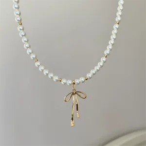 Elegant Gold Silver Plated Bowknot Pendant Pearl Chain Necklace