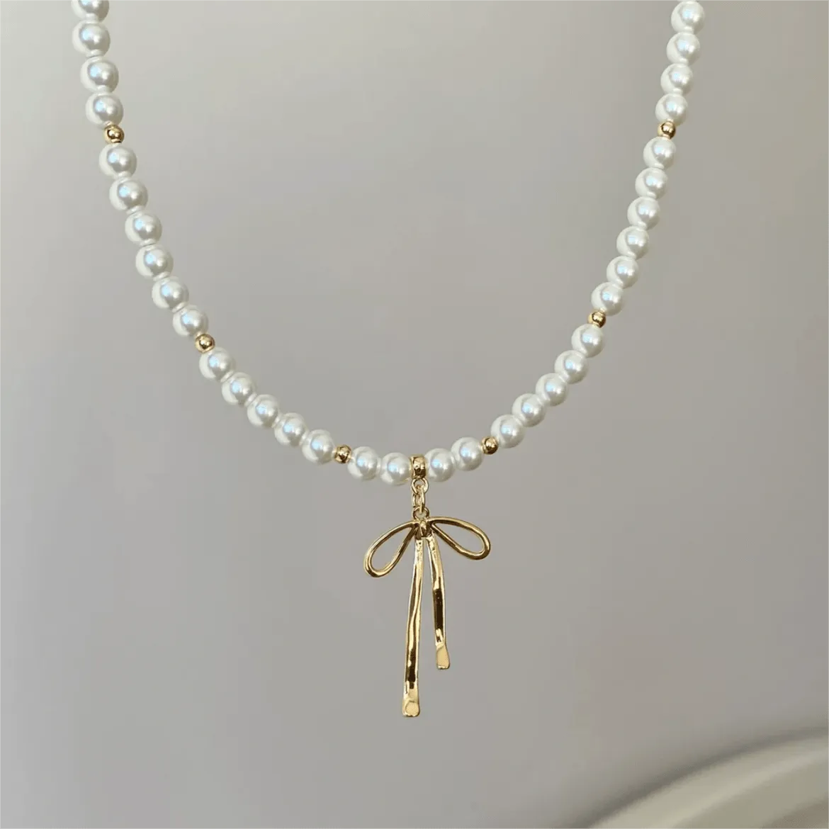 Elegant Gold Silver Plated Bowknot Pendant Pearl Chain Necklace