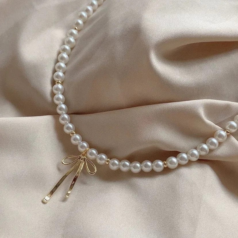 Elegant Gold Silver Plated Bowknot Pendant Pearl Chain Necklace