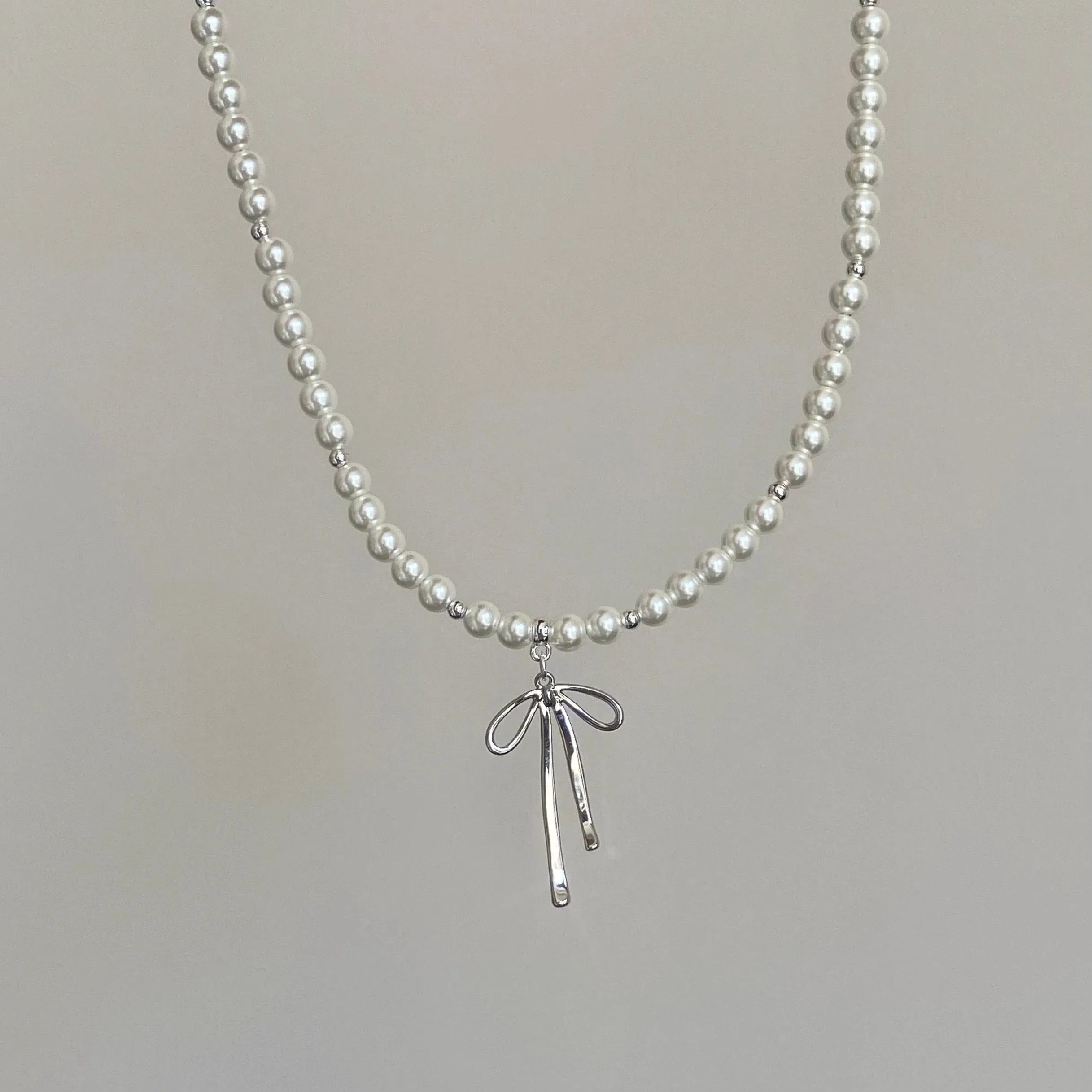 Elegant Gold Silver Plated Bowknot Pendant Pearl Chain Necklace