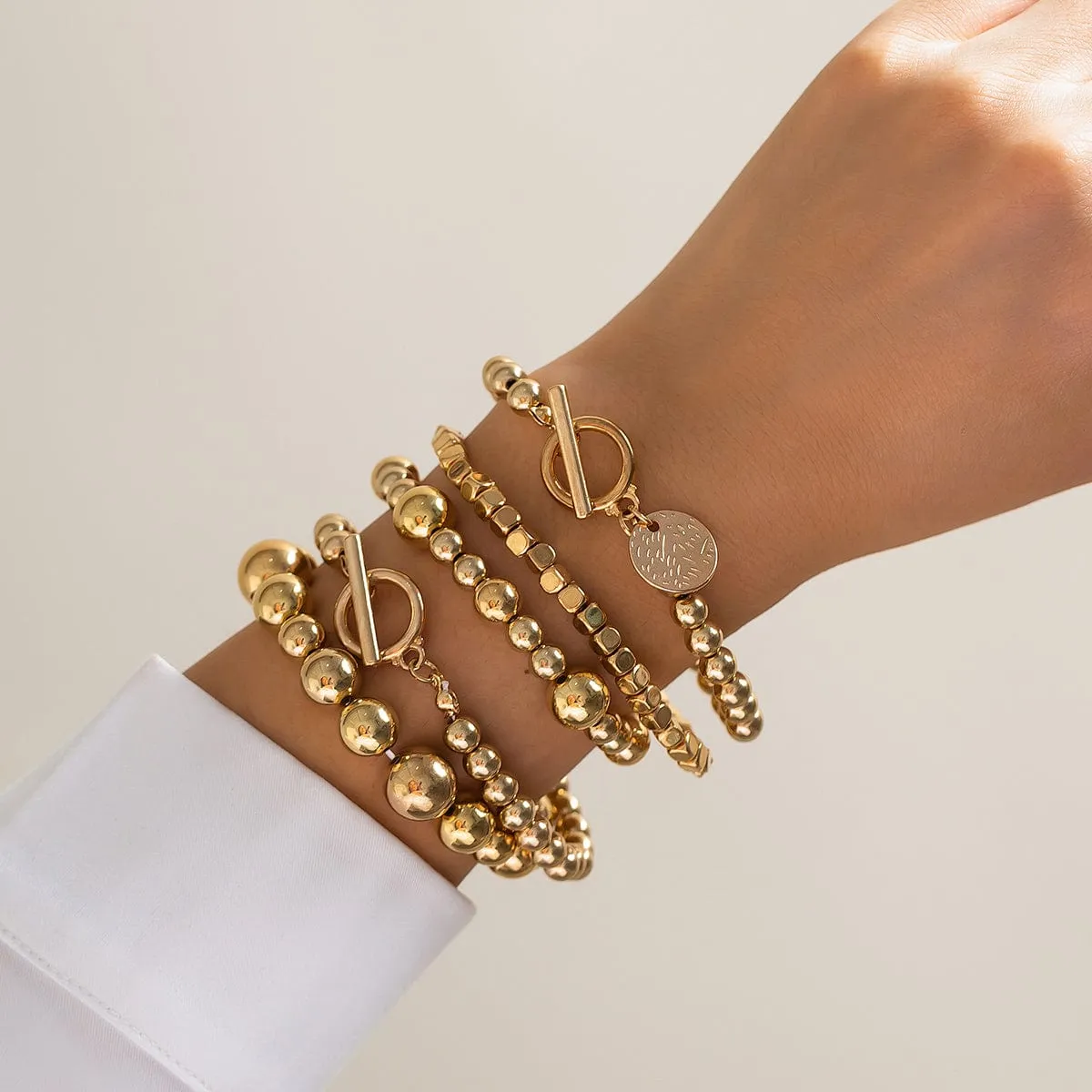 Elegant Layered Toggle Clasp Round Disk Charm Ball Chain Bracelet Set