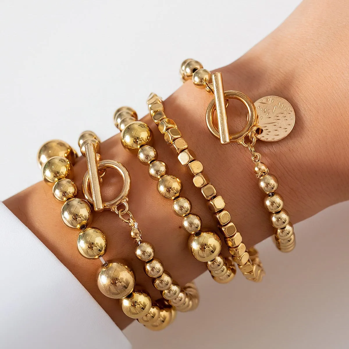 Elegant Layered Toggle Clasp Round Disk Charm Ball Chain Bracelet Set