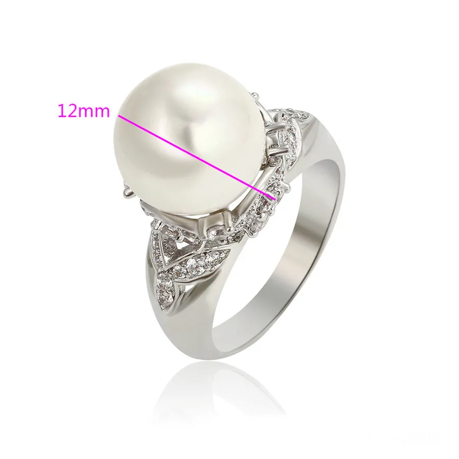 Elegant Pearl & CZ Diamond Rhodium plated Ring